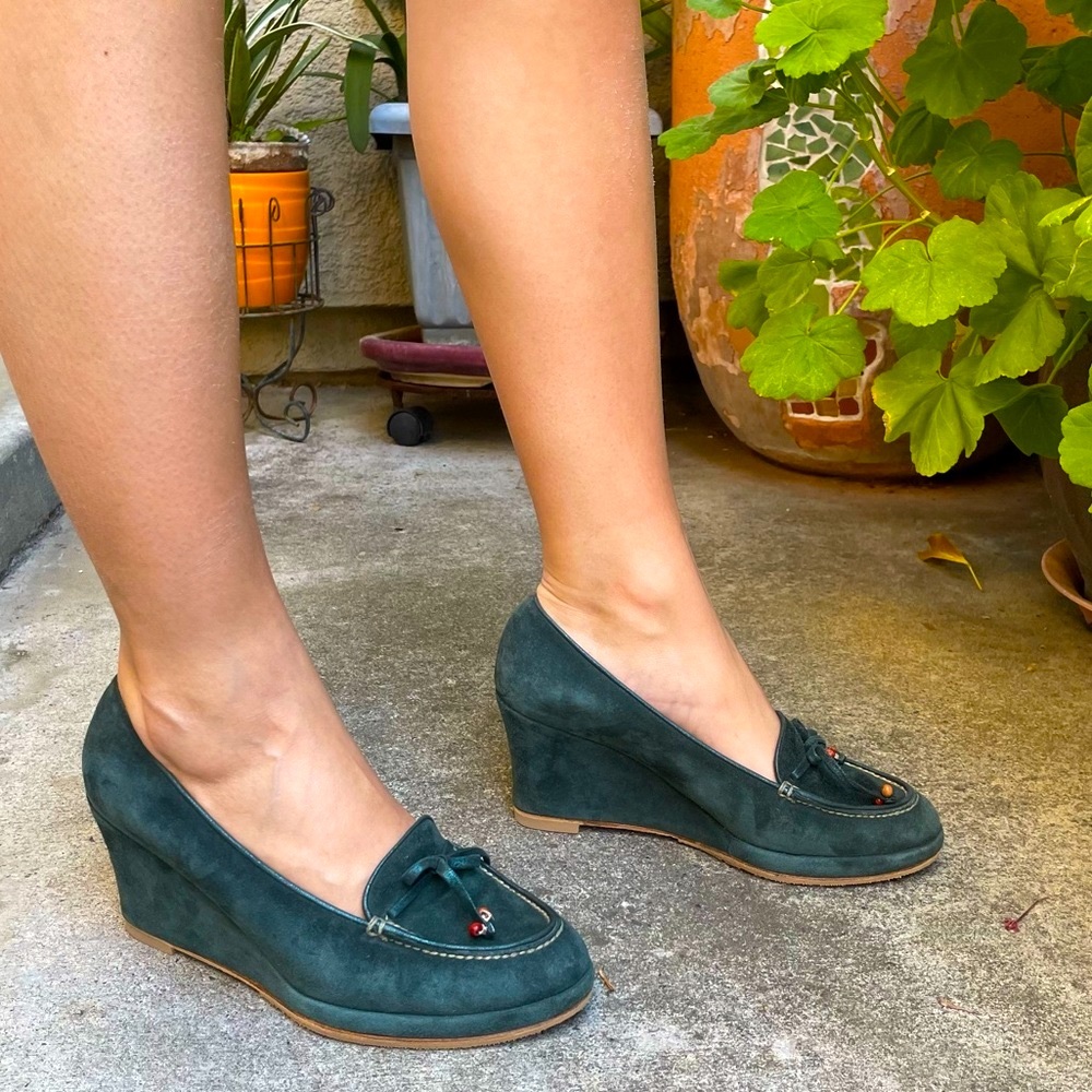Dark teal Barneys New York brushed suede leather wedges in original box